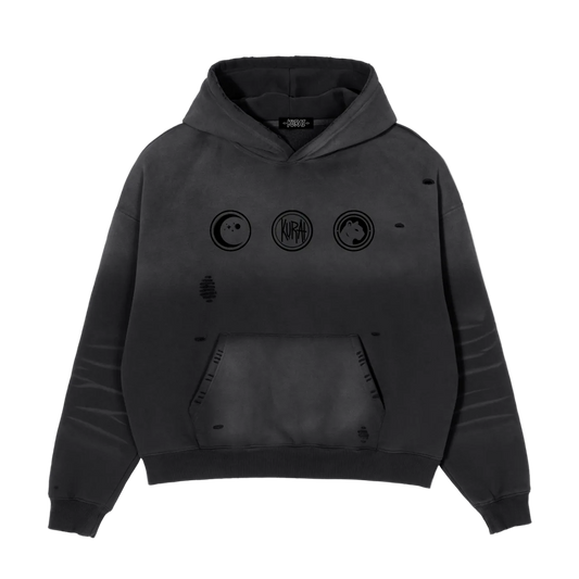KURAI 3 LOGO BOXY FRAYED SUNFADE HOODIE (400gsm)
